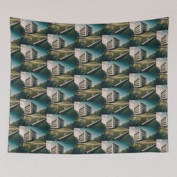 Item preview, Hilltop Building with Tranquil Pond designed and sold by BestArtByArvind.