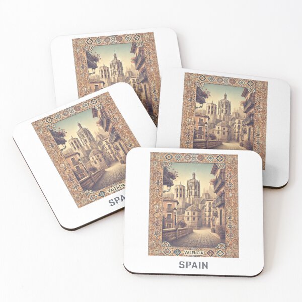 Item preview, Vintage Valencia travel poster - Gothic cathedral with traditional mosaic frame in retro style designed and sold by pod24.