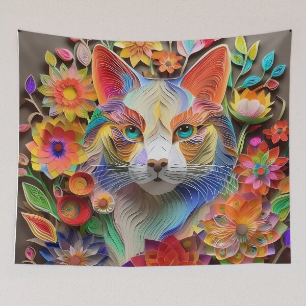 Item preview, Cat and flowers in layered paper technique designed and sold by ImageMagic2024.