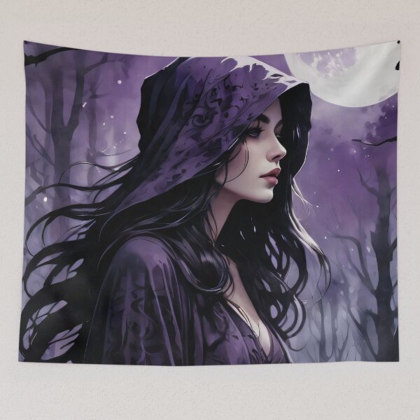 Item preview, Enchanting Girl in Purple Robe – Mystical Forest & Moonlit Night Art designed and sold by ByteyCreatives.