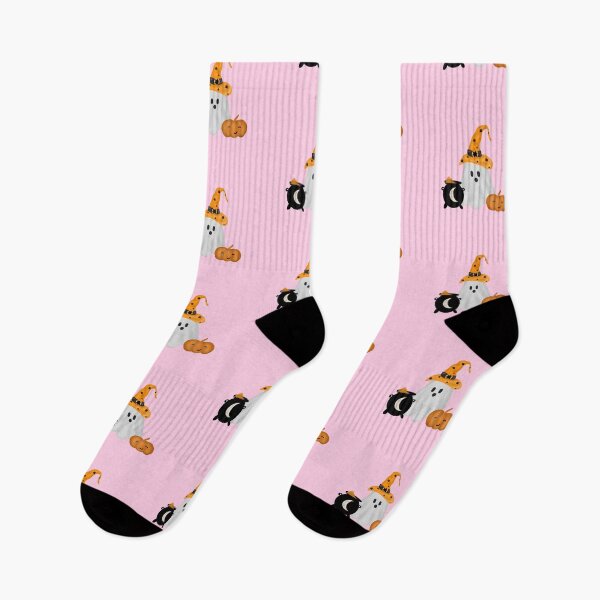 Item preview, halloween ghost with cauldron and pumpkin pink background designed and sold by Kristaine.