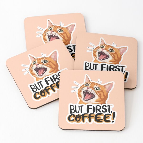 Item preview, But First, Coffee: Cute Orange Cat Meme Sticker - Kawaii Wide-Mouthed Popcat Design for cat mothers designed and sold by puurfectcat.
