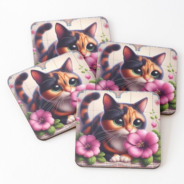 Item preview, Tricolor cat with purple flowers art designed and sold by EmeraldeaArt.