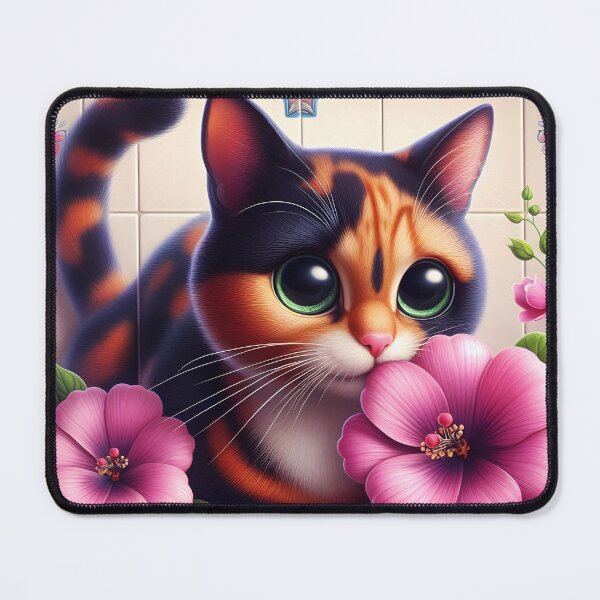 Item preview, Tricolor cat with purple flowers art designed and sold by EmeraldeaArt.