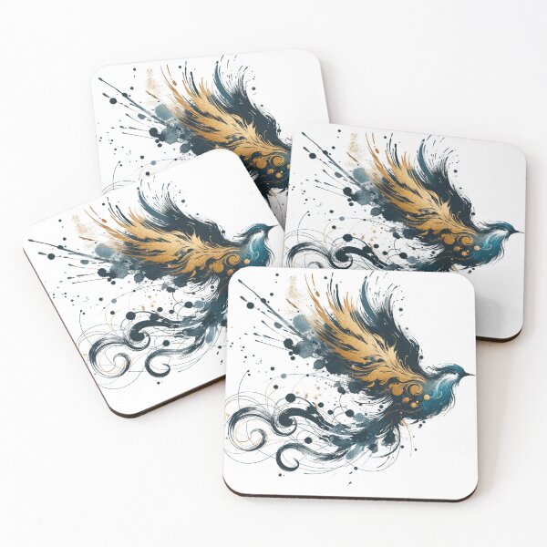 Item preview, blue golden bird in ink art style, swinging on the wings of a magical creature designed and sold by Matzi-MV.