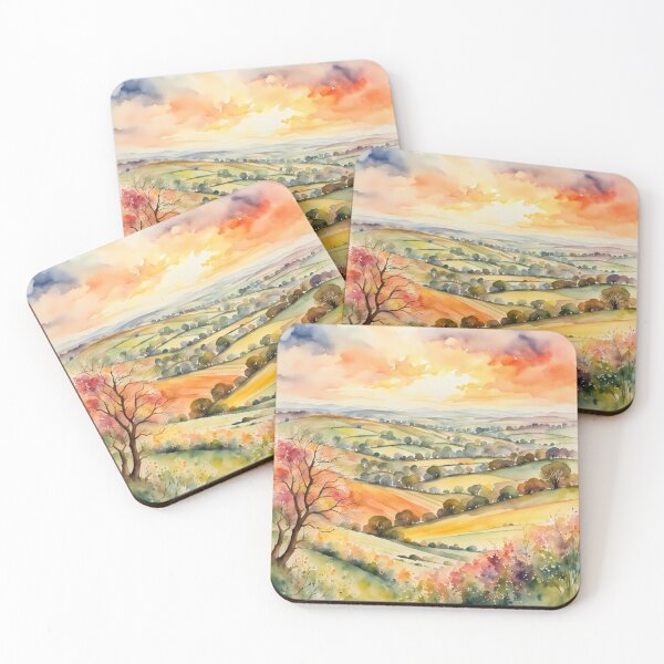 Item preview, Country Sunset Landscape Springtime Watercolour Painting designed and sold by MeadowFarmPrint.