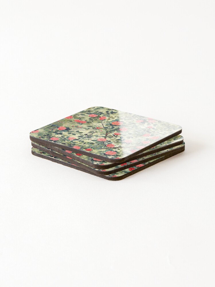 Thumbnail 4 of 5, Coasters (Set of 4), Pink Red Roses Bush Pattern designed and sold by Krokoneil.