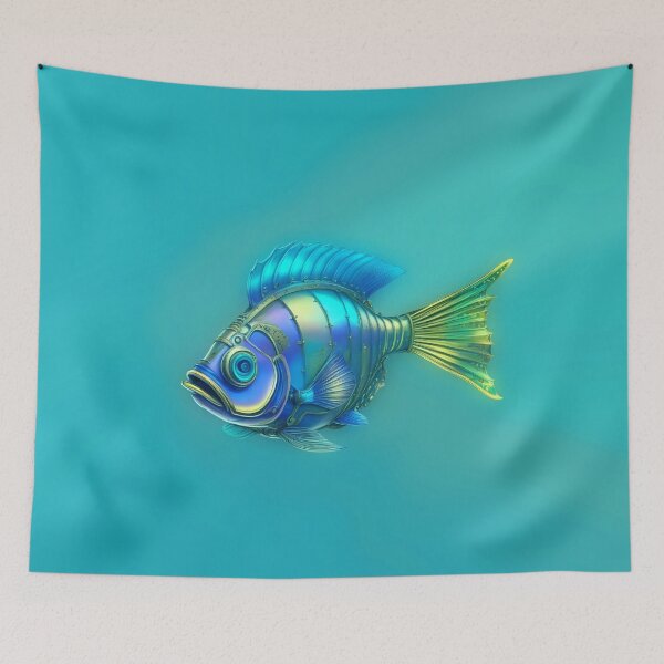 Item preview, Steampunk Fish Art Minimalist Subtle Steampunk Style - Cyan Ocean designed and sold by Beachy.