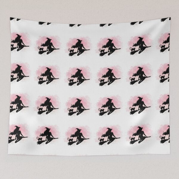 Item preview, Witchy Pink Bubblegum Witch on Broom with Black Cat designed and sold by WildWoodlandWitch.