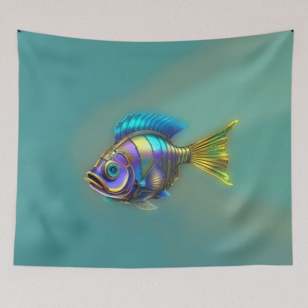 Item preview, Steampunk Fish Art Minimalist Subtle Steampunk Style - Dusty Cyan Ocean designed and sold by Beachy.