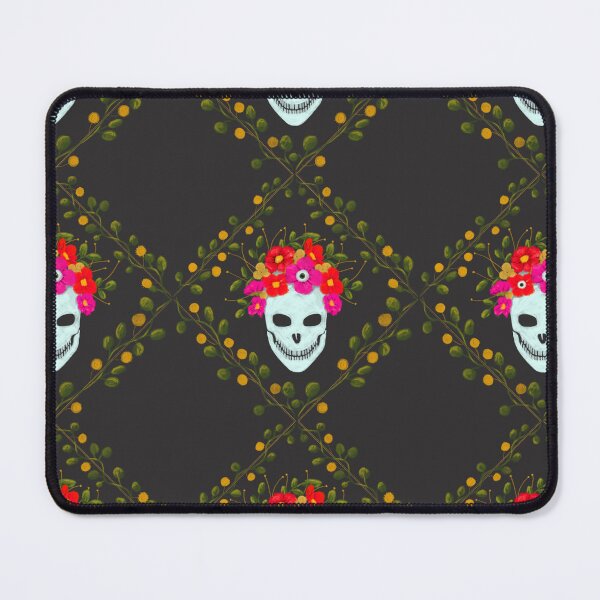 Item preview, White skulls with flower wreath, eyeballs and vines on dark maroon designed and sold by katerosestudios.