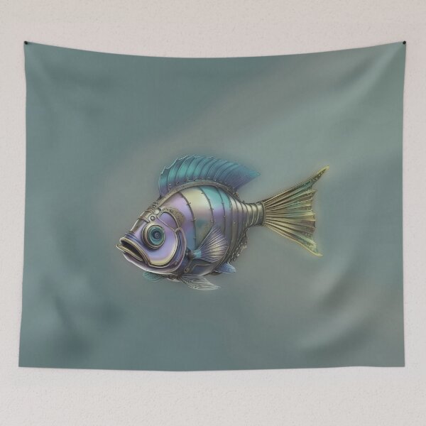 Item preview, Steampunk Fish Art Minimalist Subtle Steampunk Style - Bluish Grey Ocean designed and sold by Beachy.