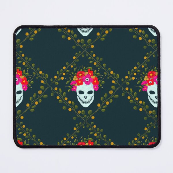 Item preview, White skulls with flower wreath, eyeballs and vines on dark green designed and sold by katerosestudios.