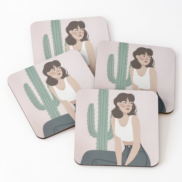 Item preview, A modern, minimalist illustration of a woman seated beside a tall cactus. designed and sold by OneLastWish.