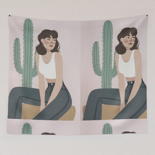 Item preview, A modern, minimalist illustration of a woman seated beside a tall cactus. designed and sold by OneLastWish.