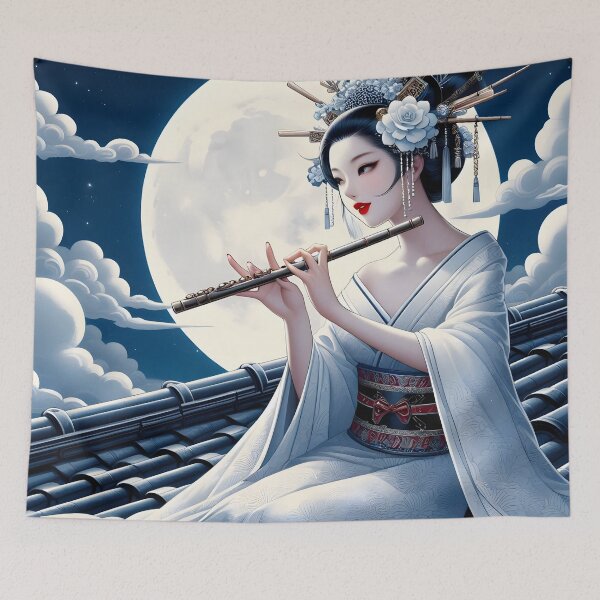 Item preview, Beautiful Asian Lady Playing Flute Under Moonlight – Elegant Art Design designed and sold by PandaTShirtShop.