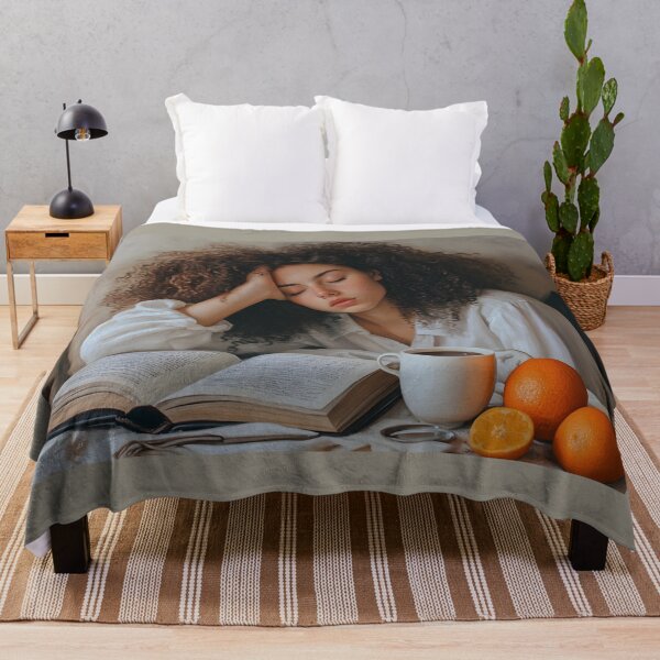 Item preview, Curly-haired woman closing her eyes, relaxing while reading a book designed and sold by OneLastWish.