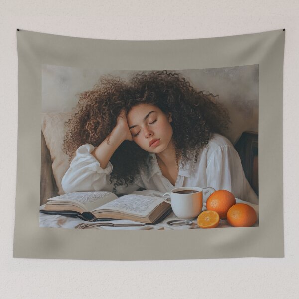 Item preview, Curly-haired woman closing her eyes, relaxing while reading a book designed and sold by OneLastWish.