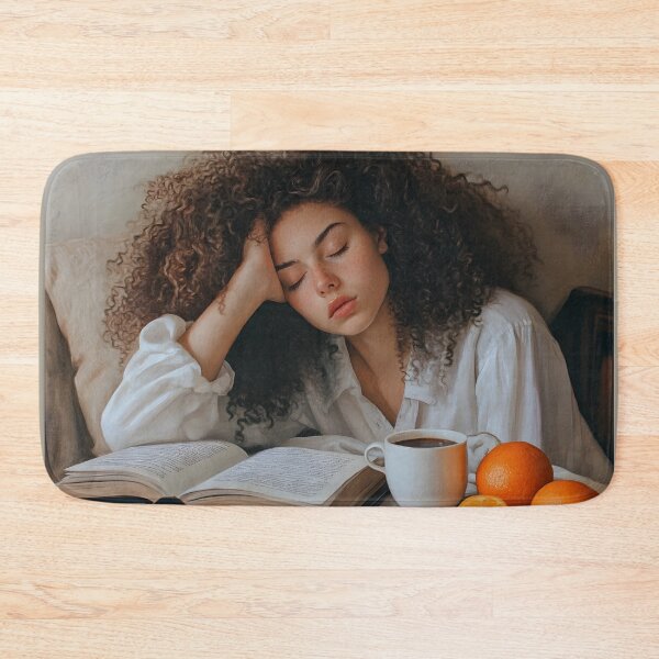 Item preview, Curly-haired woman closing her eyes, relaxing while reading a book designed and sold by OneLastWish.