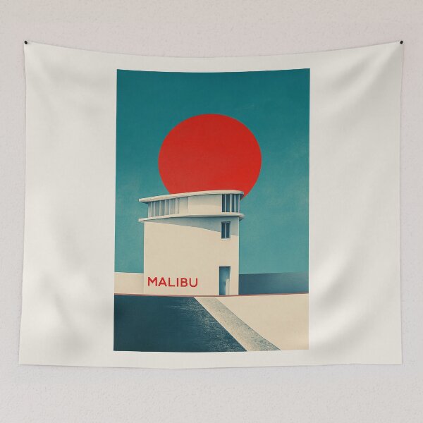 Item preview, Modern Malibu Beach House with Bold Red Sun Art designed and sold by Retro Travel Design.