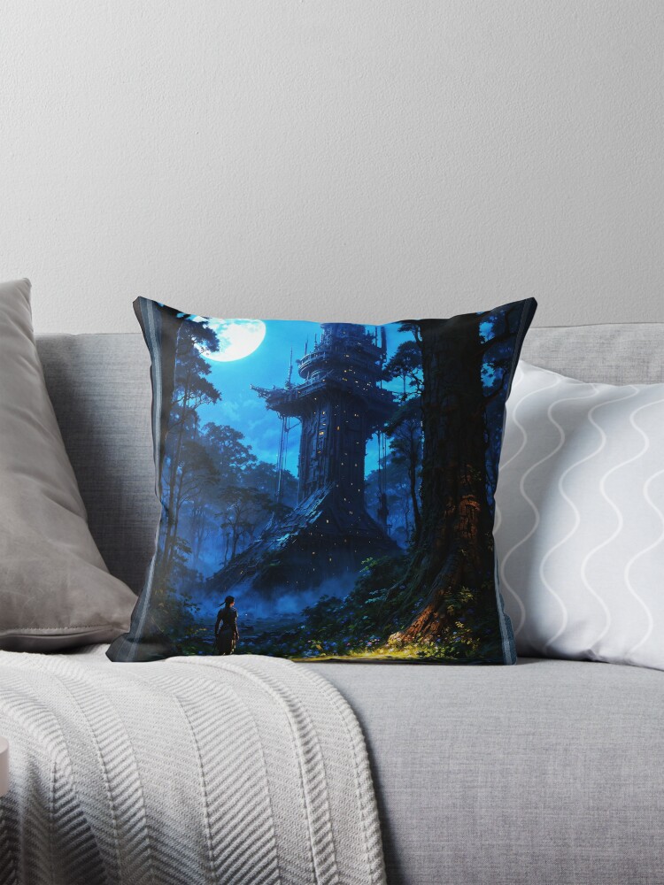 Moonlit Traveler In A Mystical Forest Mysterious AI Concept Art by Xzendor7 Decorative Art Print Throw Pillow