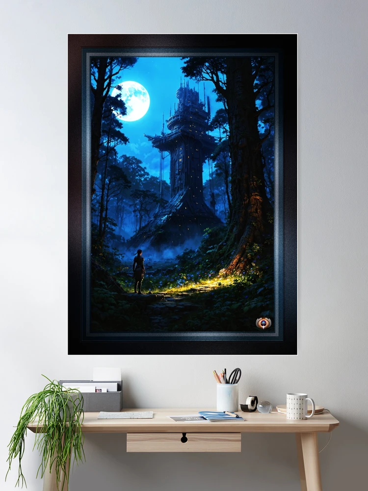 Moonlit Traveler In A Mystical Forest Mysterious AI Concept Art by Xzendor7 Wall Decor Poster Art Print