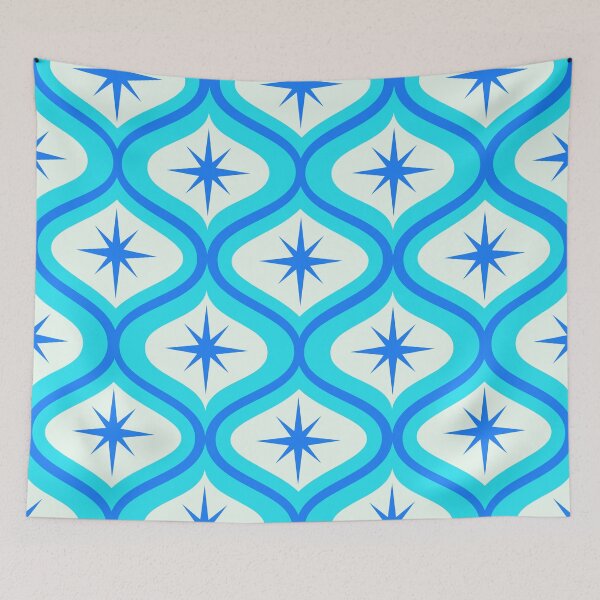 Item preview, Mid Century Atomic Blue  Starbursts on Turquoise  Ogee Pattern  designed and sold by Yasminepatterns .