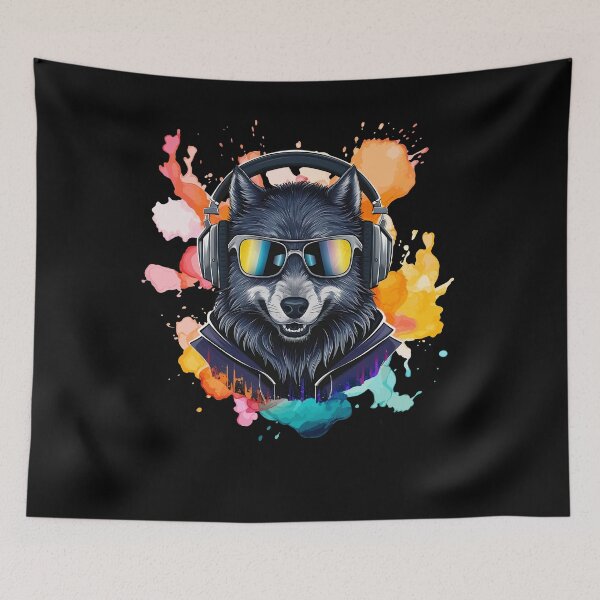 Item preview, Cool And Stylish DJ Wolf Wearing Sunglasses With Colorful Splash   designed and sold by Smix Pixels.