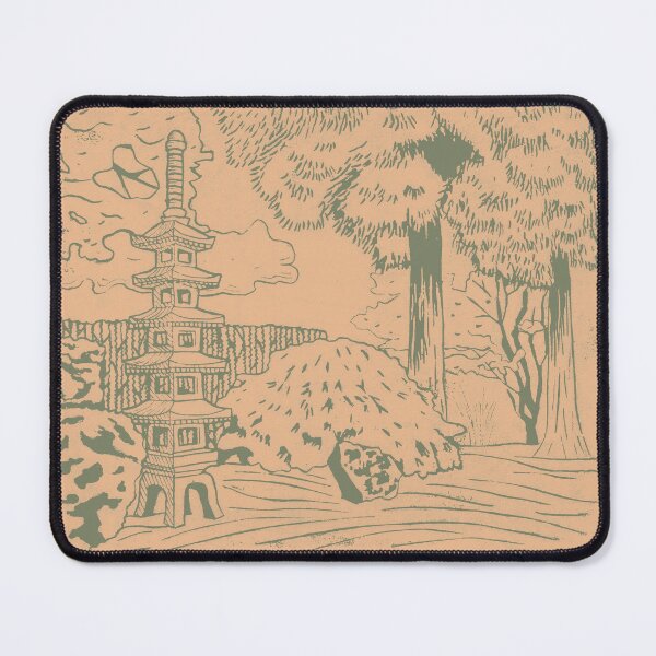 Item preview, Japanese Garden with Pagoda Linocut Print - Sage + Melon designed and sold by Irene Estelle.