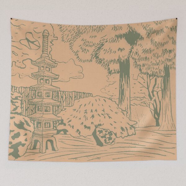 Item preview, Japanese Garden with Pagoda Linocut Print - Sage + Melon designed and sold by Irene Estelle.