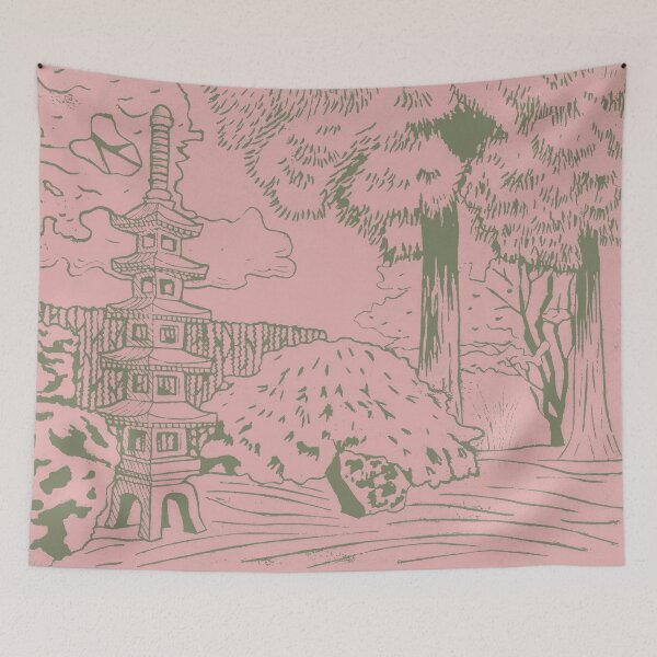 Item preview, Japanese Garden with Pagoda Linocut Print - Sage + Rose designed and sold by Irene Estelle.