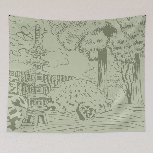 Item preview, Japanese Garden with Pagoda Linocut Print - Sage + Tea designed and sold by Irene Estelle.