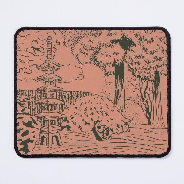 Item preview, Japanese Garden with Pagoda Linocut Print - Pine + Coral designed and sold by Irene Estelle.
