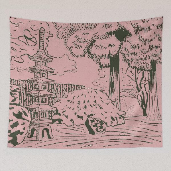 Item preview, Japanese Garden with Pagoda Linocut Print - Pine + Rose designed and sold by Irene Estelle.