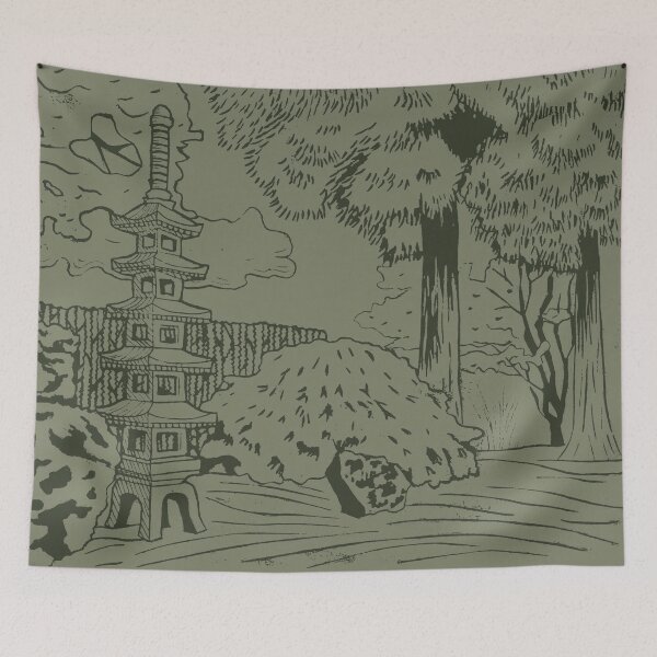 Item preview, Japanese Garden with Pagoda Linocut Print - Pine + Sage designed and sold by Irene Estelle.