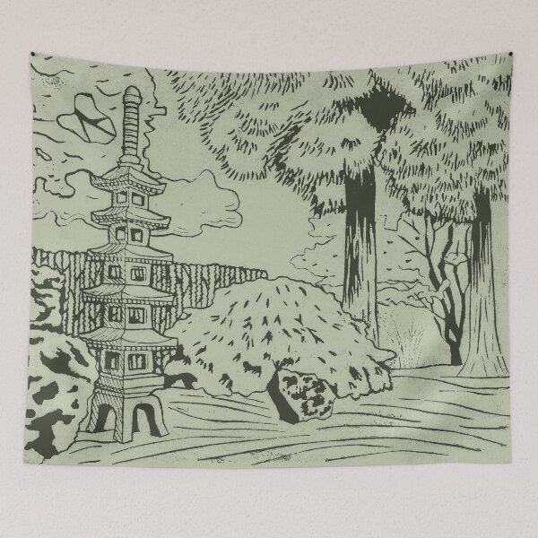 Item preview, Japanese Garden with Pagoda Linocut Print - Pine + Tea designed and sold by Irene Estelle.