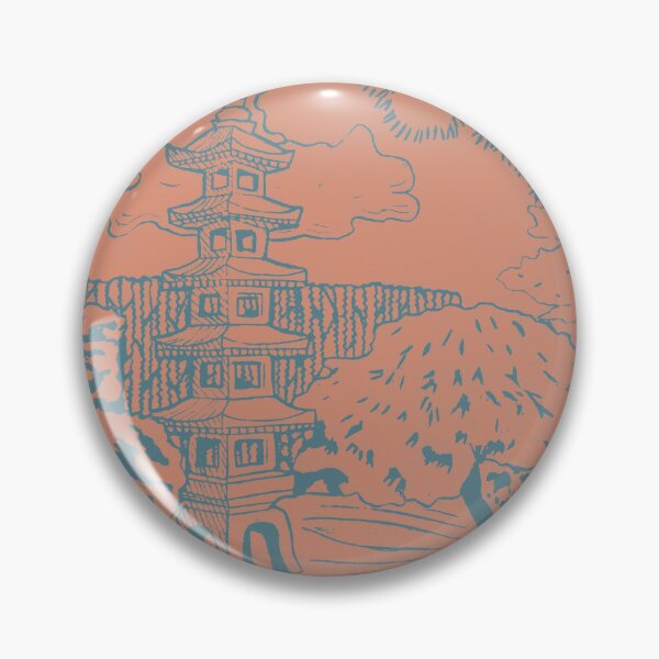 Item preview, Japanese Garden with Pagoda Linocut Print - Peacock + Coral designed and sold by Irene Estelle.