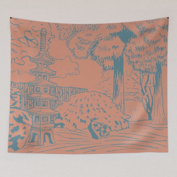 Item preview, Japanese Garden with Pagoda Linocut Print - Peacock + Coral designed and sold by Irene Estelle.
