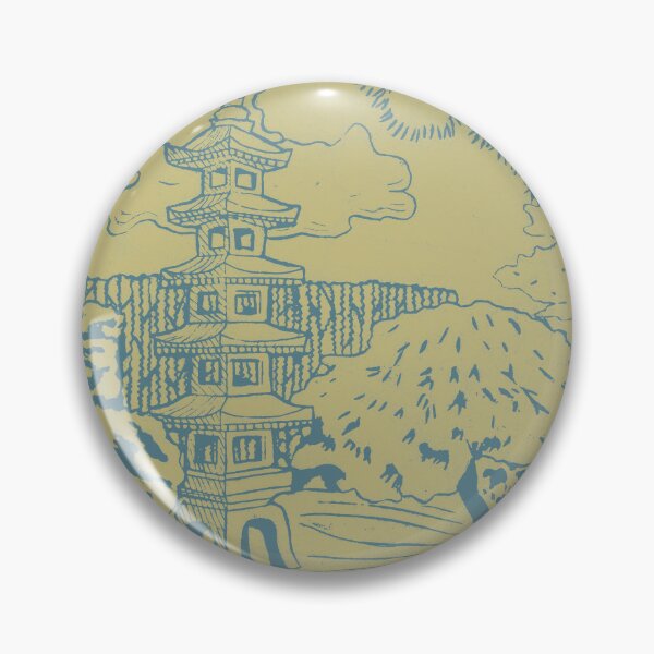 Item preview, Japanese Garden with Pagoda Linocut Print - Peacock + Gold designed and sold by Irene Estelle.