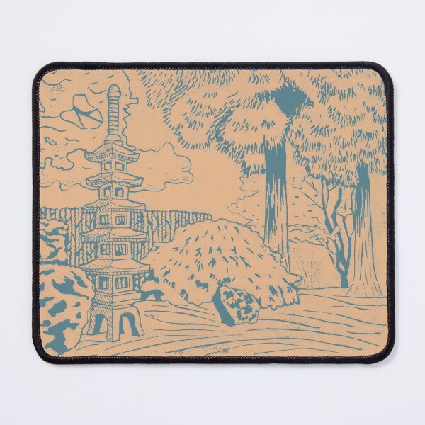 Item preview, Japanese Garden with Pagoda Linocut Print - Peacock + Melon designed and sold by Irene Estelle.