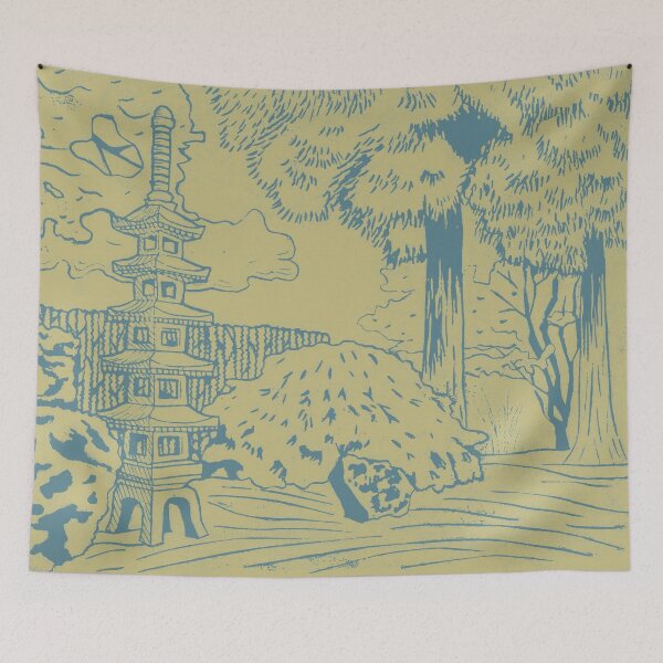 Item preview, Japanese Garden with Pagoda Linocut Print - Peacock + Gold designed and sold by Irene Estelle.
