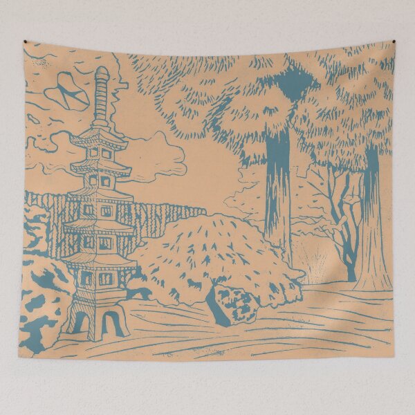 Item preview, Japanese Garden with Pagoda Linocut Print - Peacock + Melon designed and sold by Irene Estelle.