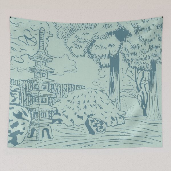 Item preview, Japanese Garden with Pagoda Linocut Print - Peacock + Mint designed and sold by Irene Estelle.