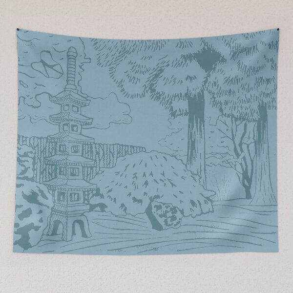 Item preview, Japanese Garden with Pagoda Linocut Print - Peacock + Sky designed and sold by Irene Estelle.