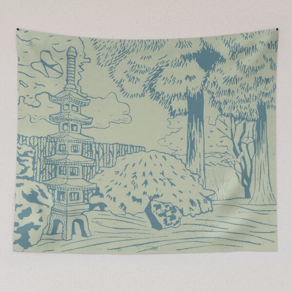 Item preview, Japanese Garden with Pagoda Linocut Print - Peacock + Tea designed and sold by Irene Estelle.