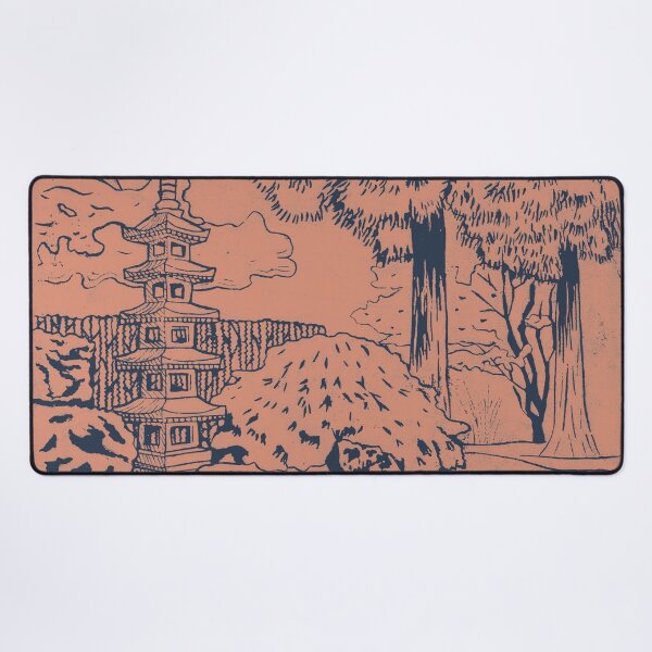 Item preview, Japanese Garden with Pagoda Linocut Print - Dusk + Coral designed and sold by Irene Estelle.