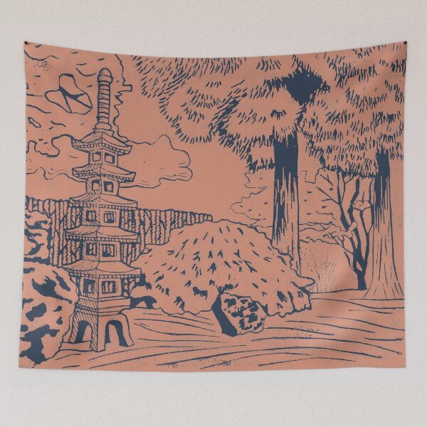Item preview, Japanese Garden with Pagoda Linocut Print - Dusk + Coral designed and sold by Irene Estelle.
