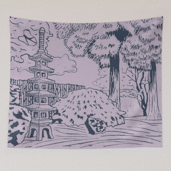 Item preview, Japanese Garden with Pagoda Linocut Print - Dusk + Dust designed and sold by Irene Estelle.