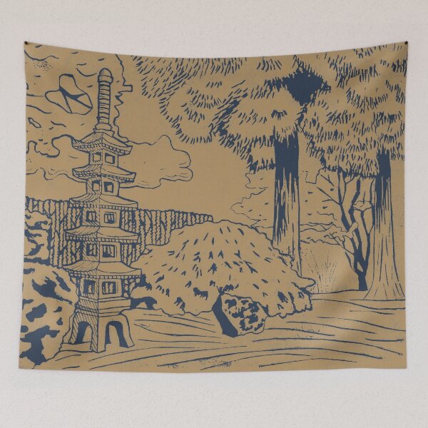 Item preview, Japanese Garden with Pagoda Linocut Print - Dusk + Fawn designed and sold by Irene Estelle.