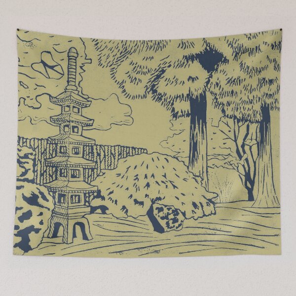 Item preview, Japanese Garden with Pagoda Linocut Print - Dusk + Gold designed and sold by Irene Estelle.